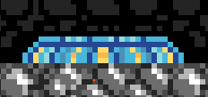 A worker waiting beside a striped landing pad inside the asteroid
